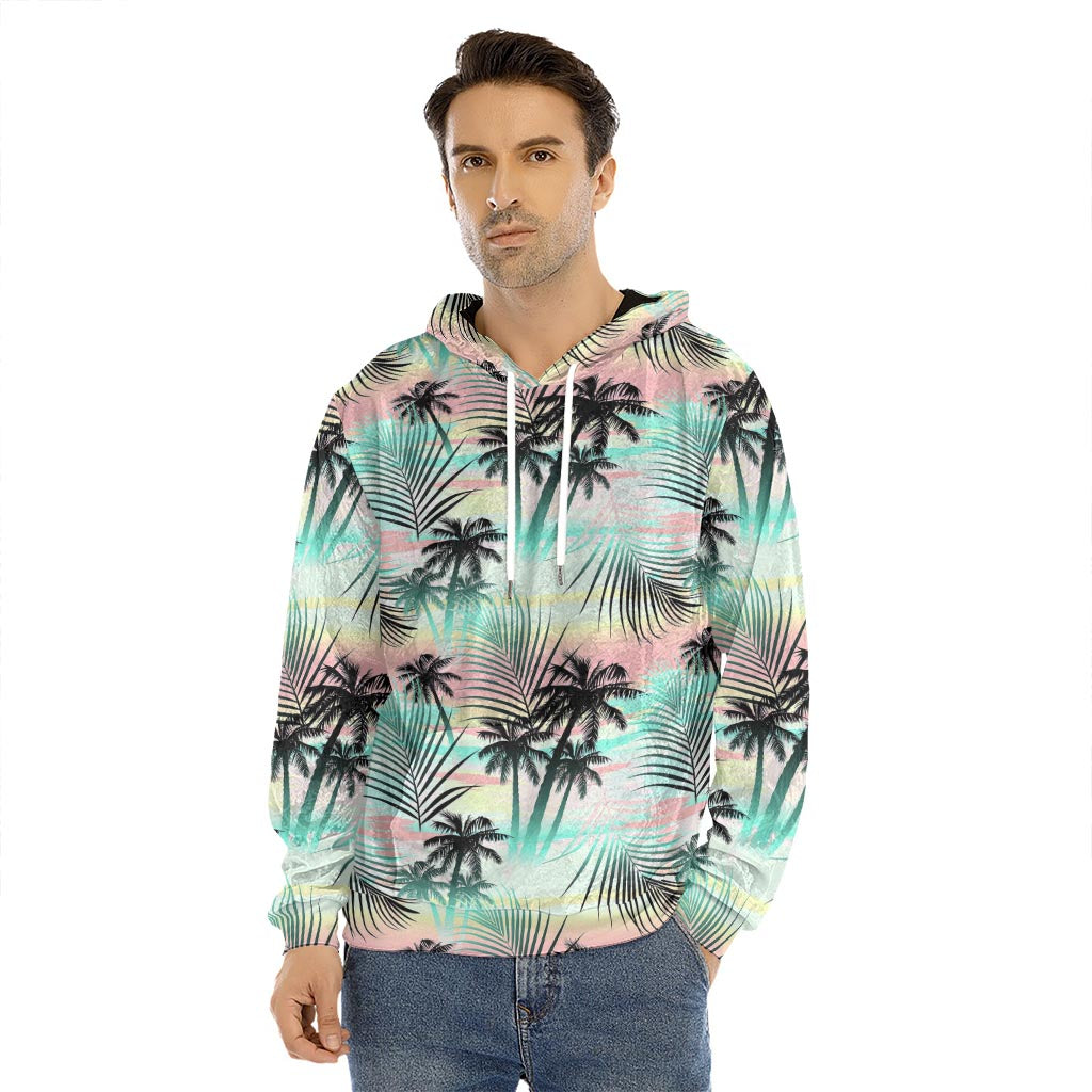 Pastel Palm Tree Pattern Print Men's Velvet Pullover Hoodie