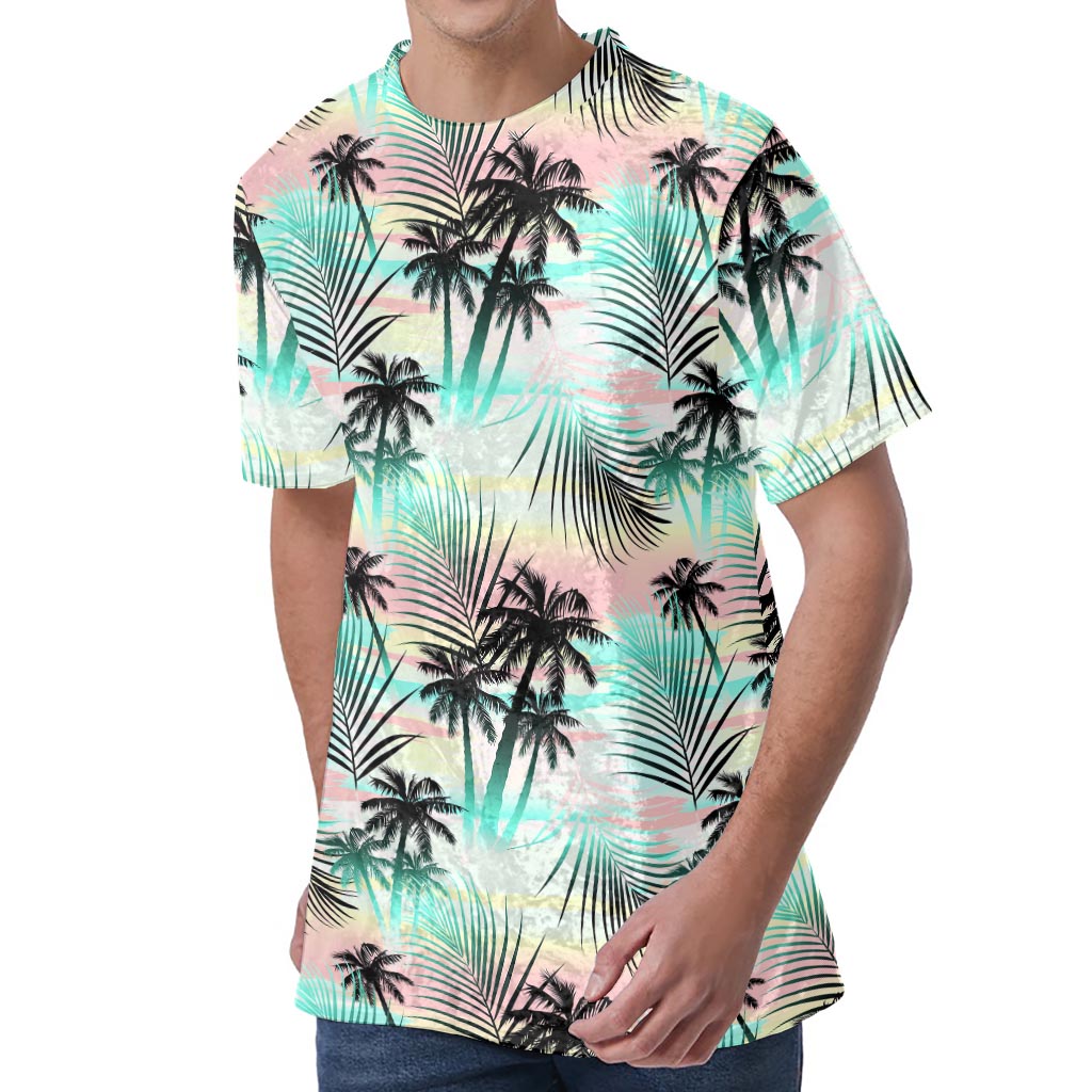 Pastel Palm Tree Pattern Print Men's Velvet T-Shirt