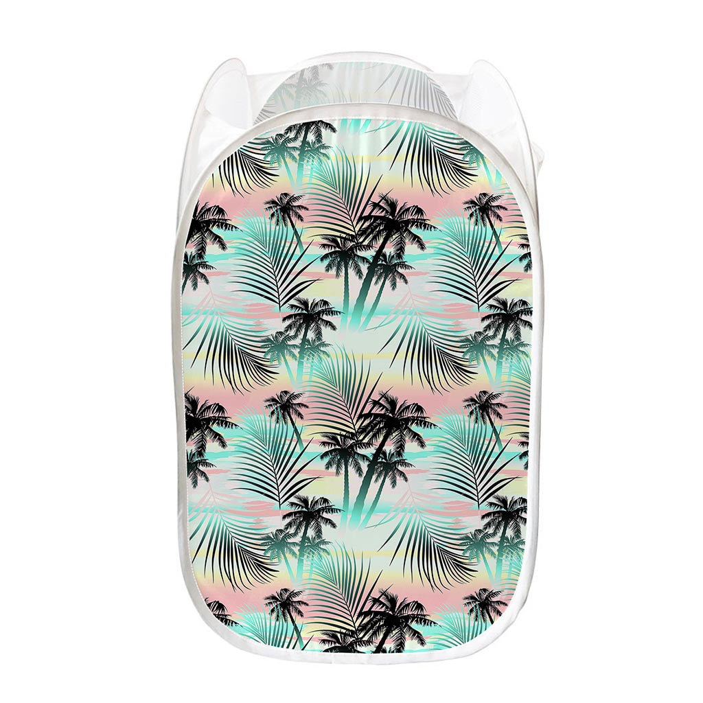 Pastel Palm Tree Pattern Print Mesh Laundry Hamper