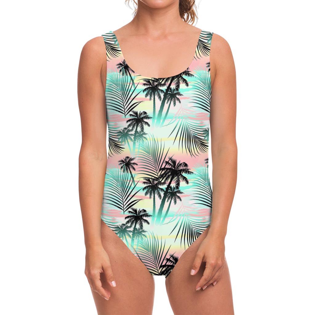 Pastel Palm Tree Pattern Print One Piece Swimsuit