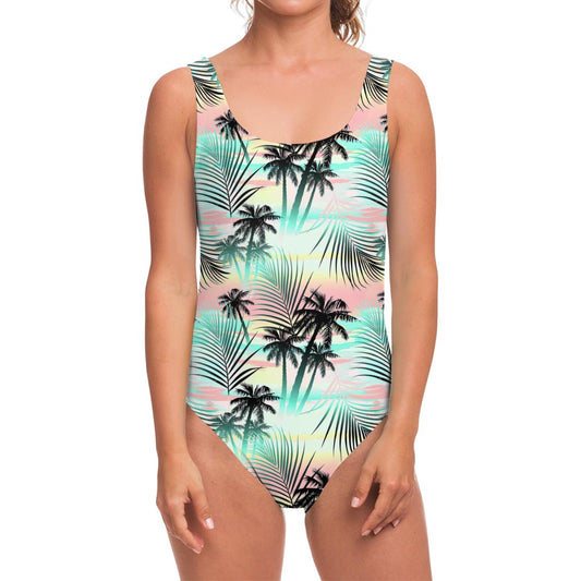 Pastel Palm Tree Pattern Print One Piece Swimsuit
