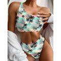 Pastel Palm Tree Pattern Print One Shoulder Bikini Set