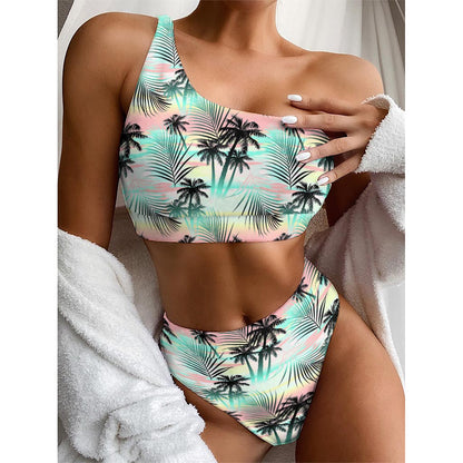 Pastel Palm Tree Pattern Print One Shoulder Bikini Top