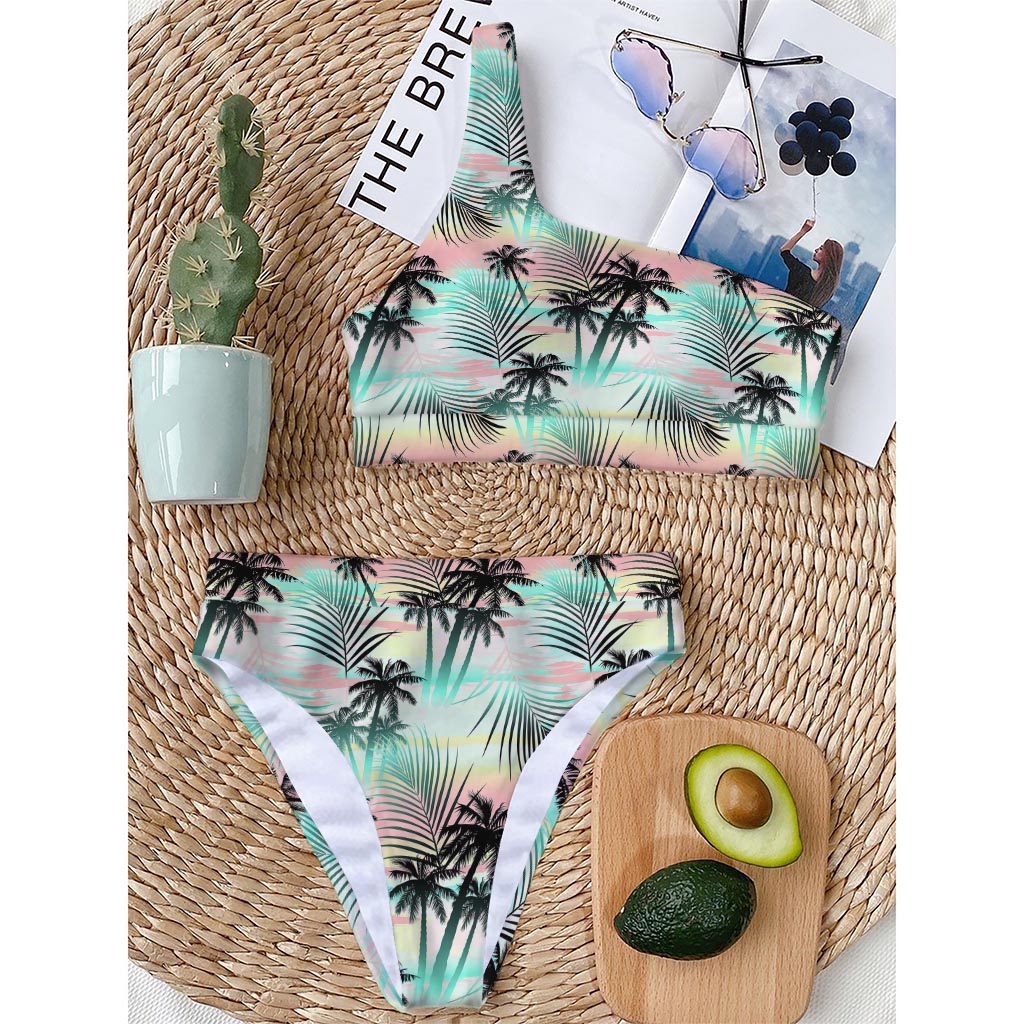 Pastel Palm Tree Pattern Print One Shoulder Bikini Top