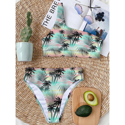 Pastel Palm Tree Pattern Print One Shoulder Bikini Top