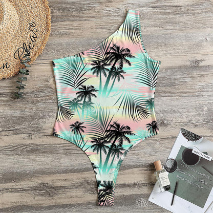 Pastel Palm Tree Pattern Print One Shoulder Bodysuit
