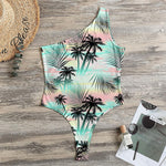 Pastel Palm Tree Pattern Print One Shoulder Bodysuit