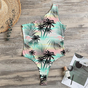 Pastel Palm Tree Pattern Print One Shoulder Bodysuit