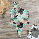 Pastel Palm Tree Pattern Print One Shoulder Bodysuit