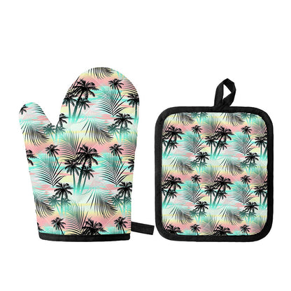 Pastel Palm Tree Pattern Print Oven Mitt And Pot Holder Set