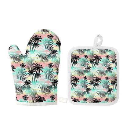 Pastel Palm Tree Pattern Print Oven Mitt And Pot Holder Set
