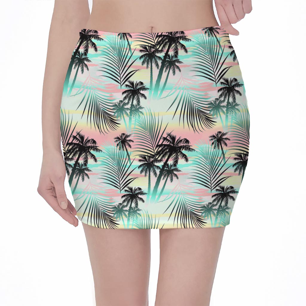 Pastel Palm Tree Pattern Print Pencil Mini Skirt