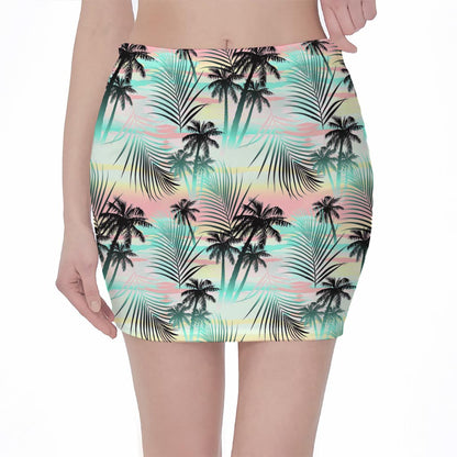 Pastel Palm Tree Pattern Print Pencil Mini Skirt