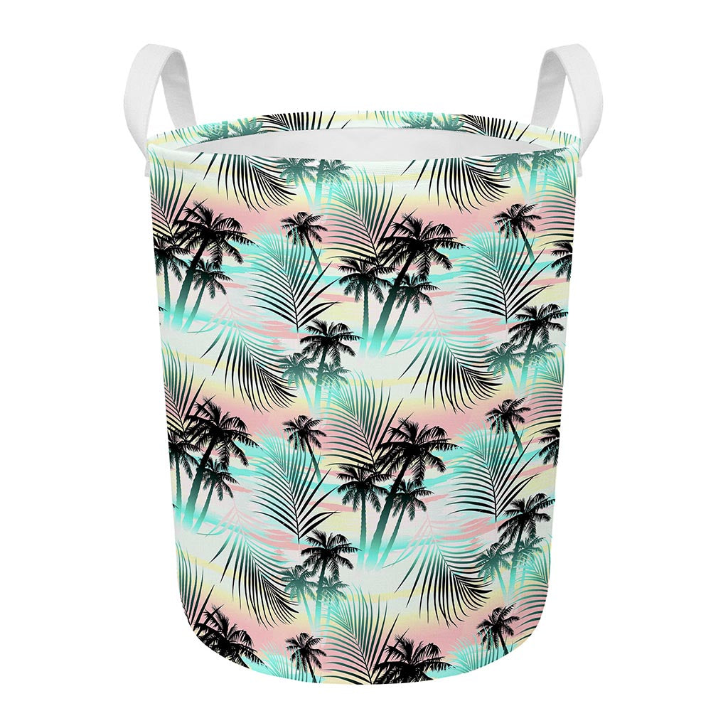 Pastel Palm Tree Pattern Print Round Laundry Basket