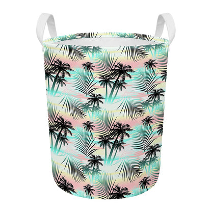Pastel Palm Tree Pattern Print Round Laundry Basket
