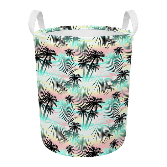 Pastel Palm Tree Pattern Print Round Laundry Basket