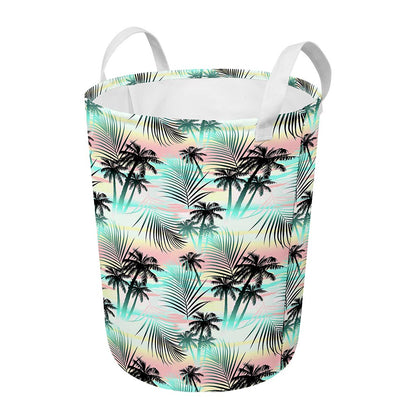 Pastel Palm Tree Pattern Print Round Laundry Basket