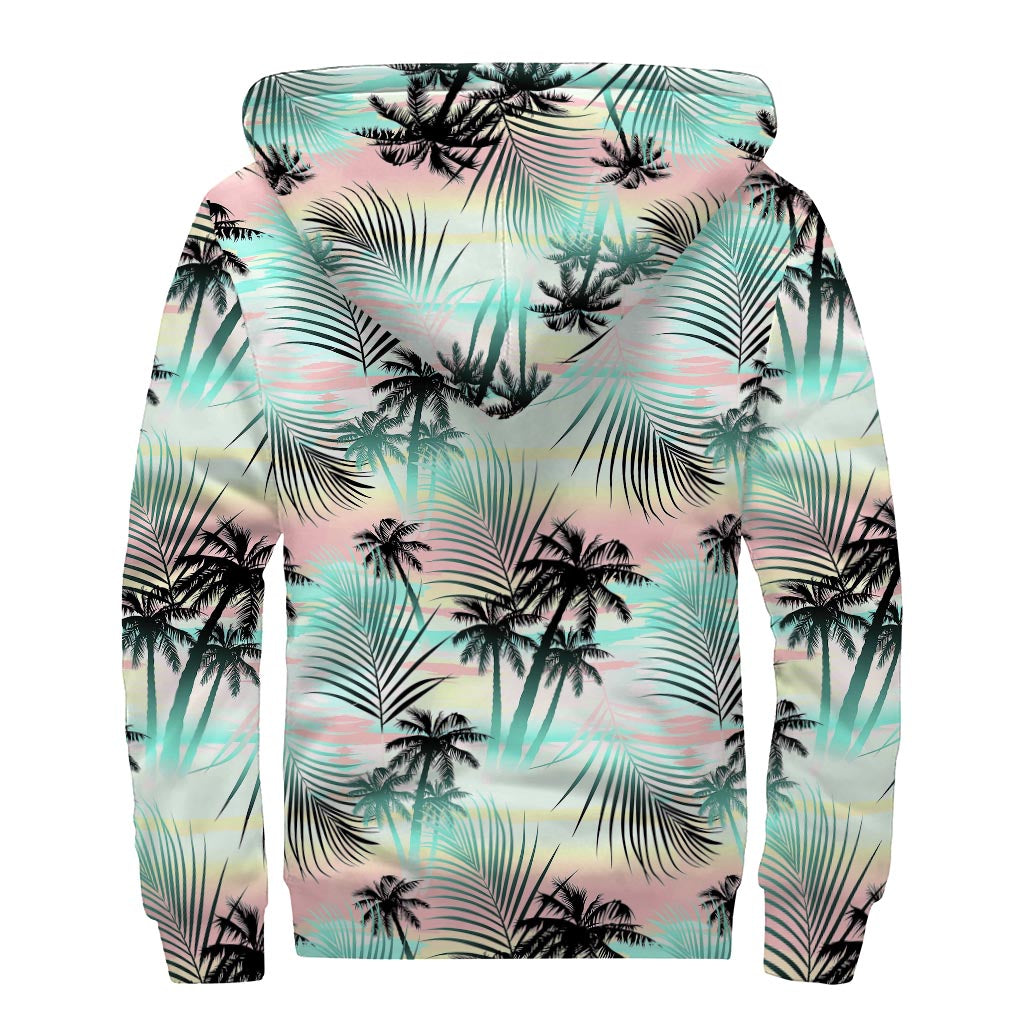 Pastel Palm Tree Pattern Print Sherpa Lined Zip Up Hoodie