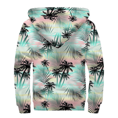 Pastel Palm Tree Pattern Print Sherpa Lined Zip Up Hoodie
