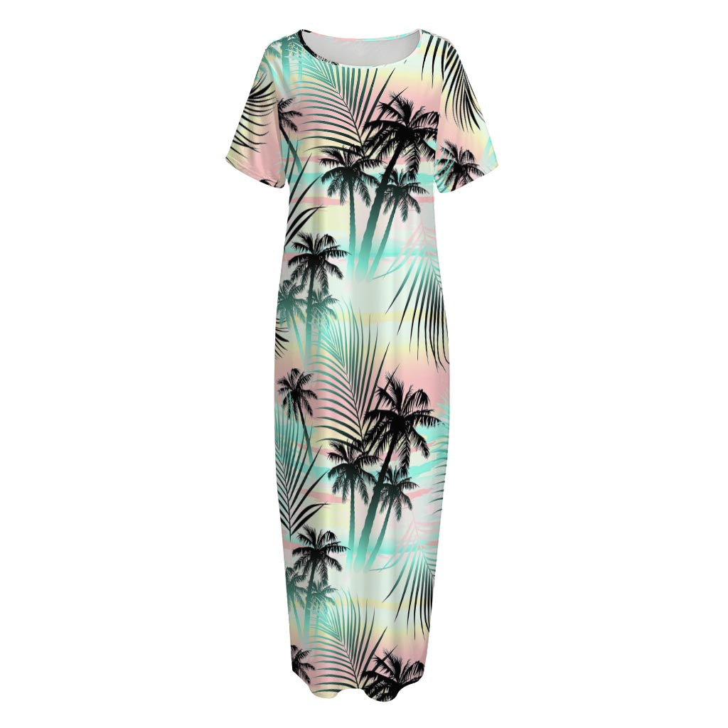 Pastel Palm Tree Pattern Print Short Sleeve Long Nightdress