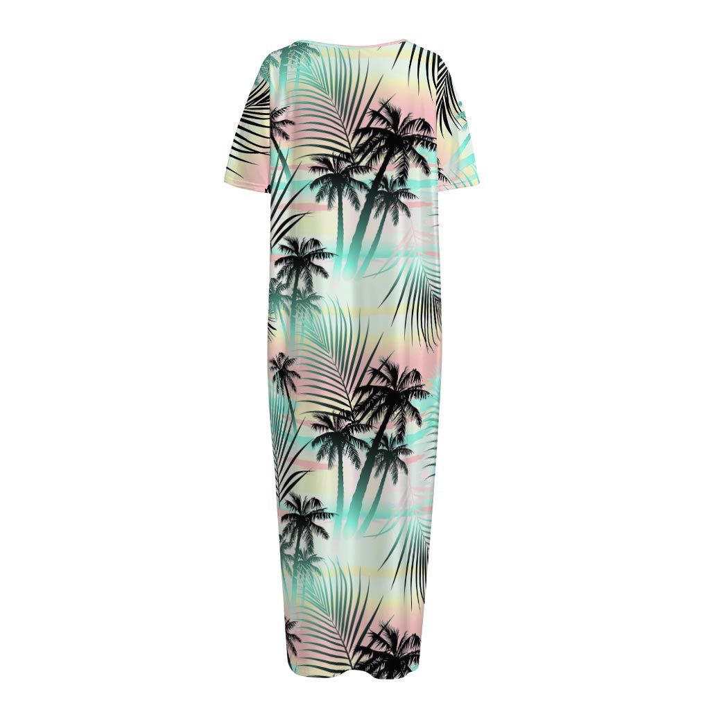 Pastel Palm Tree Pattern Print Short Sleeve Long Nightdress