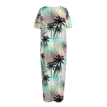 Pastel Palm Tree Pattern Print Short Sleeve Long Nightdress