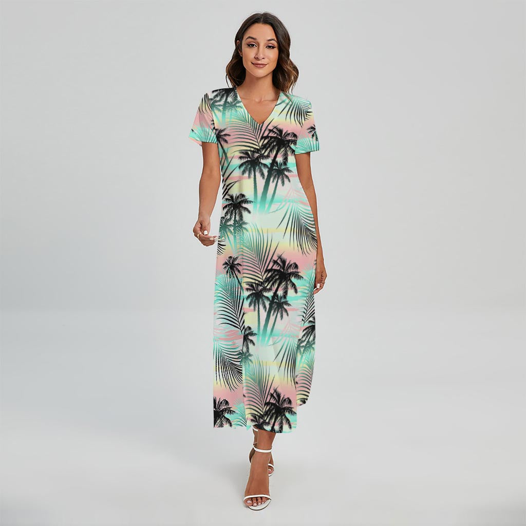 Pastel Palm Tree Pattern Print Short Sleeve Maxi Dress
