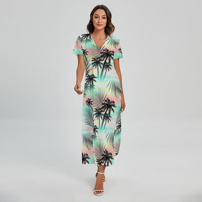 Pastel Palm Tree Pattern Print Short Sleeve Maxi Dress