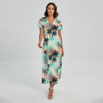 Pastel Palm Tree Pattern Print Short Sleeve Maxi Dress
