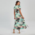 Pastel Palm Tree Pattern Print Short Sleeve Maxi Dress