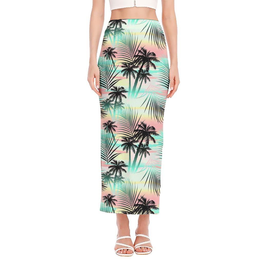 Pastel Palm Tree Pattern Print Side Slit Maxi Skirt