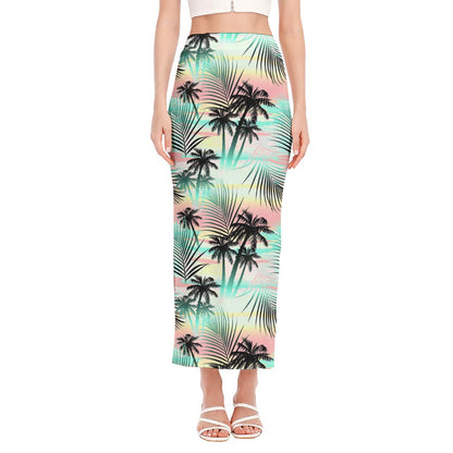 Pastel Palm Tree Pattern Print Side Slit Maxi Skirt