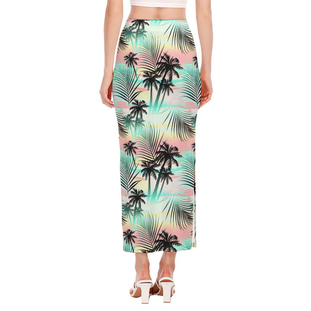 Pastel Palm Tree Pattern Print Side Slit Maxi Skirt
