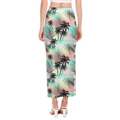 Pastel Palm Tree Pattern Print Side Slit Maxi Skirt