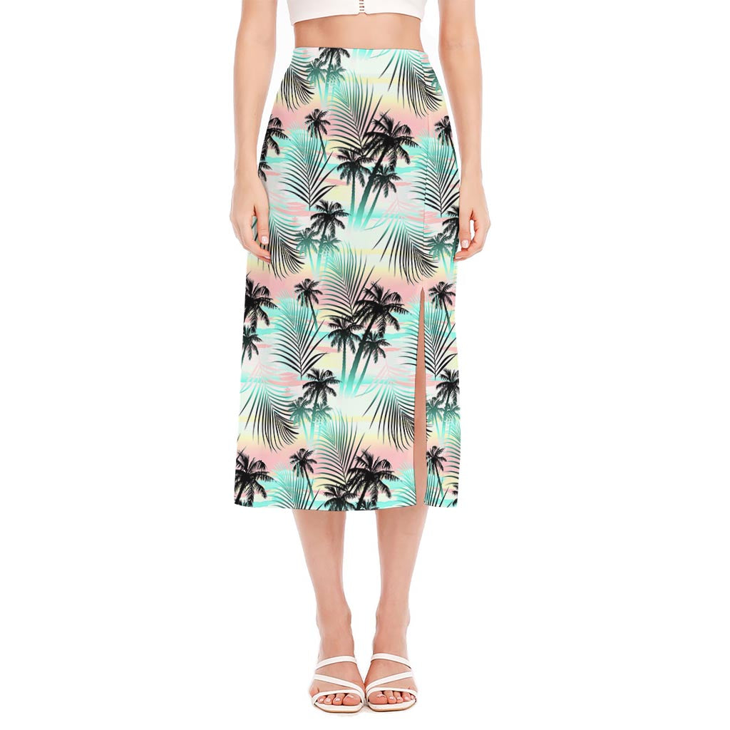 Pastel Palm Tree Pattern Print Side Slit Midi Skirt