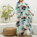 Pastel Palm Tree Pattern Print Silk V-Neck Kaftan Dress