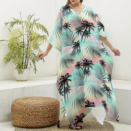 Pastel Palm Tree Pattern Print Silk V-Neck Kaftan Dress
