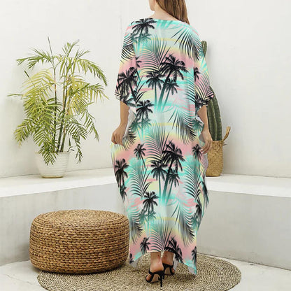 Pastel Palm Tree Pattern Print Silk V-Neck Kaftan Dress