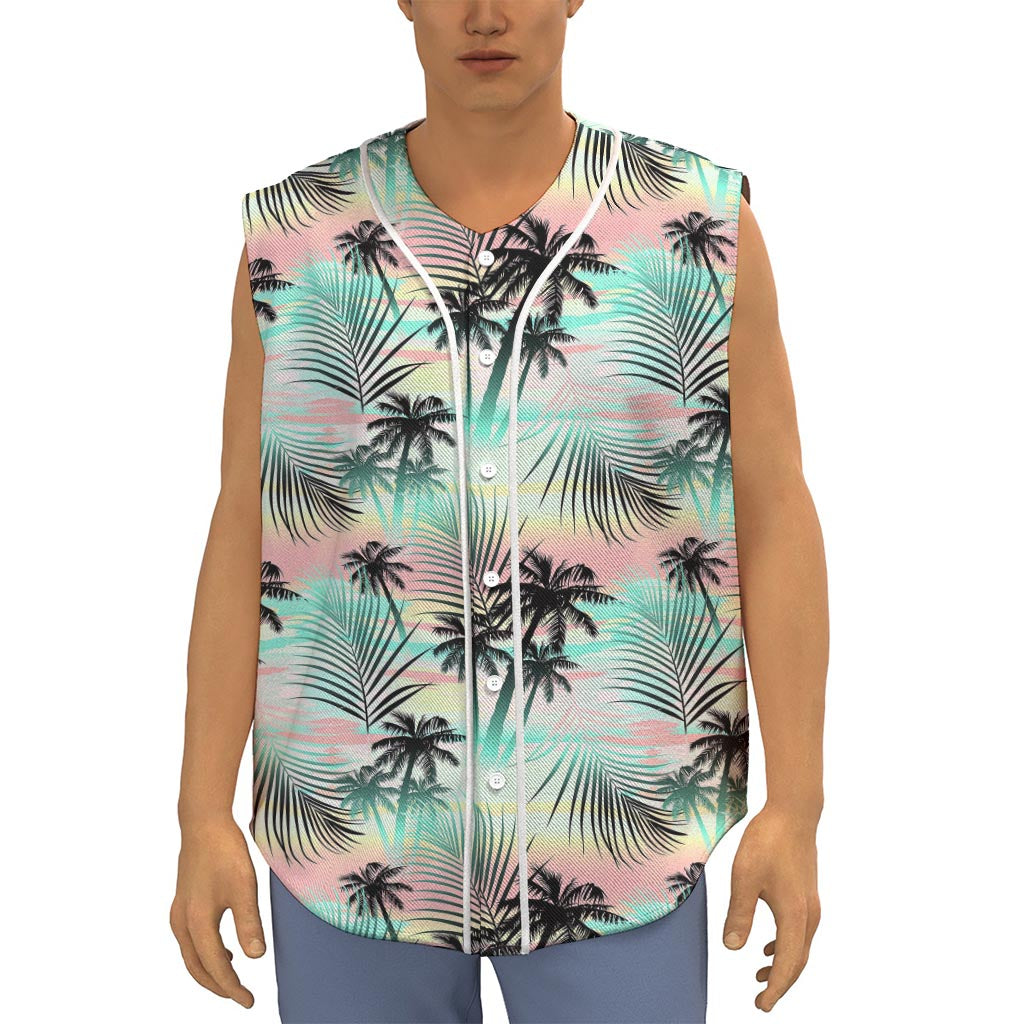 Pastel Palm Tree Pattern Print Sleeveless Baseball Jersey