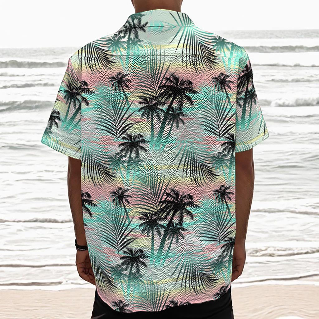 Pastel Palm Tree Pattern Print Textured Short Sleeve Shirt