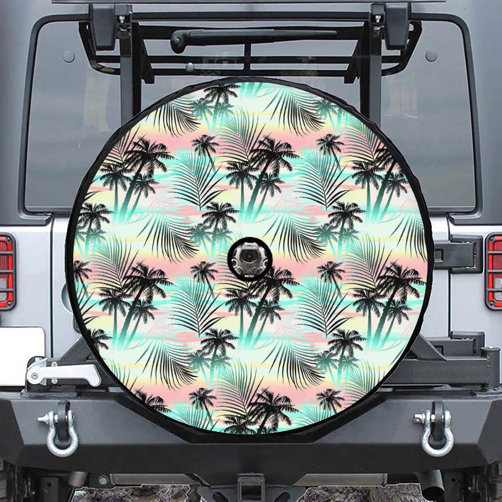Pastel Palm Tree Pattern Print Tire Cover With Camera Hole