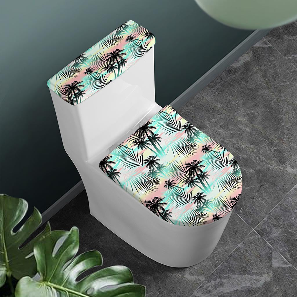 Pastel Palm Tree Pattern Print Toilet Lid And Tank Cover Set