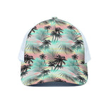 Pastel Palm Tree Pattern Print White Mesh Trucker Cap