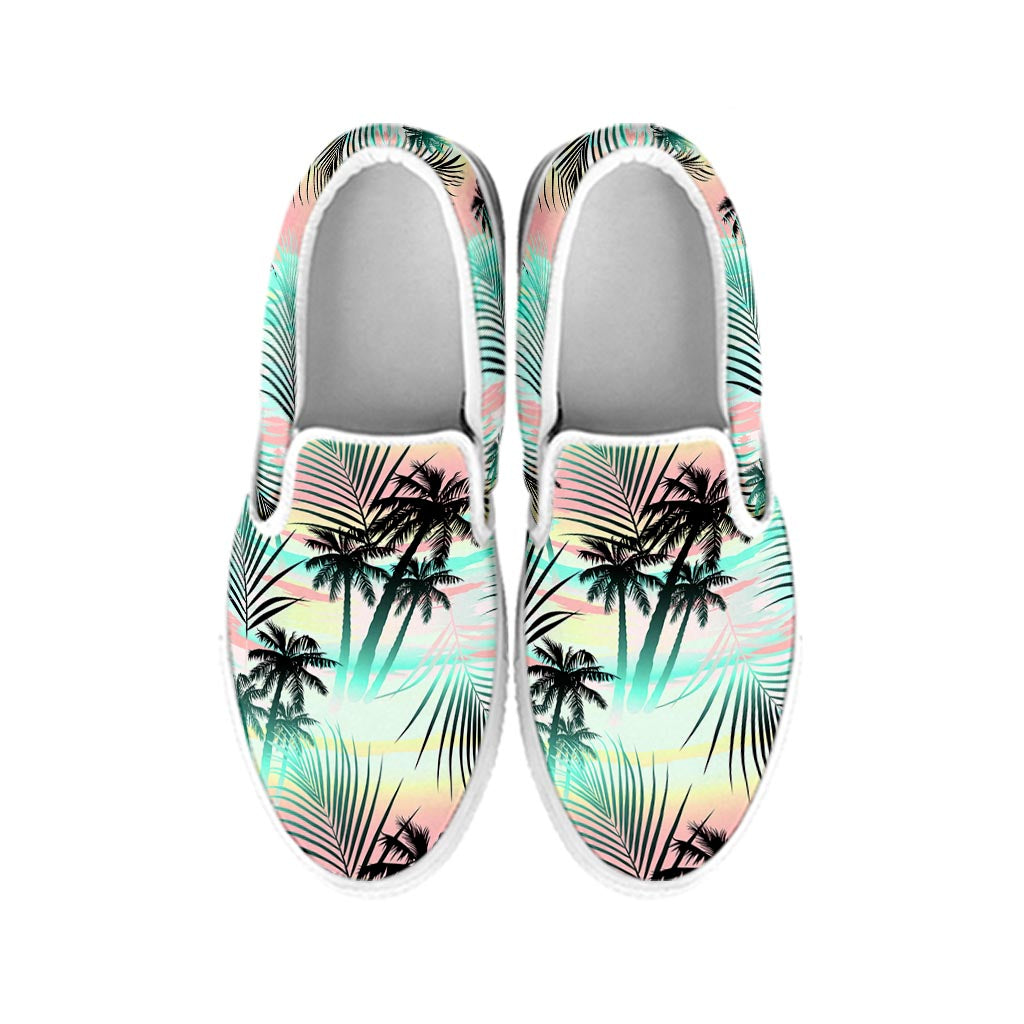 Pastel Palm Tree Pattern Print White Slip On Sneakers