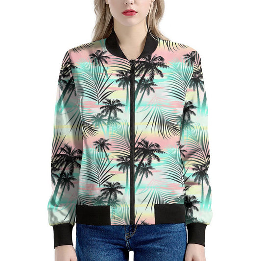 Pastel Palm Tree Pattern Print Women's Bomber Jacket