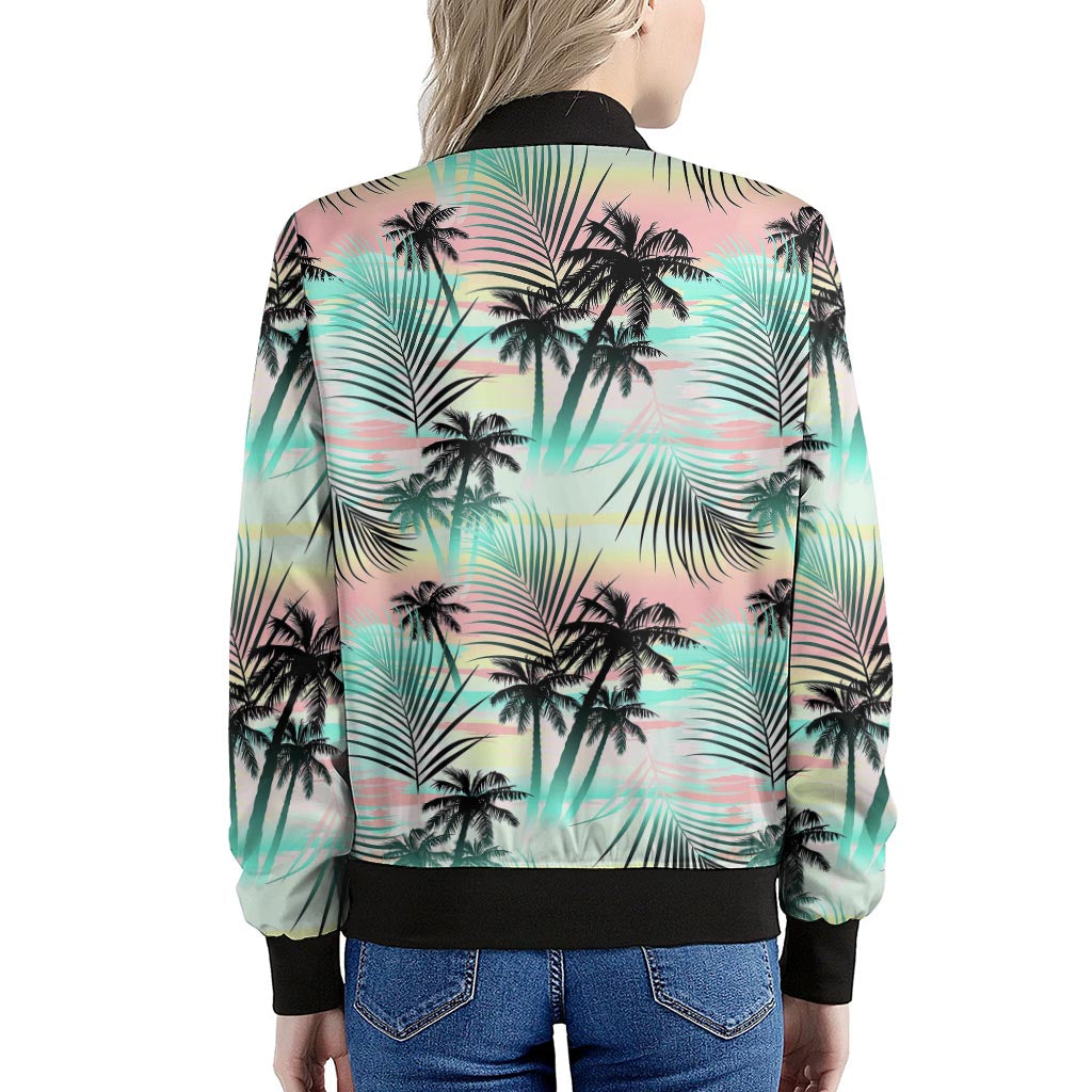 Pastel Palm Tree Pattern Print Women's Bomber Jacket