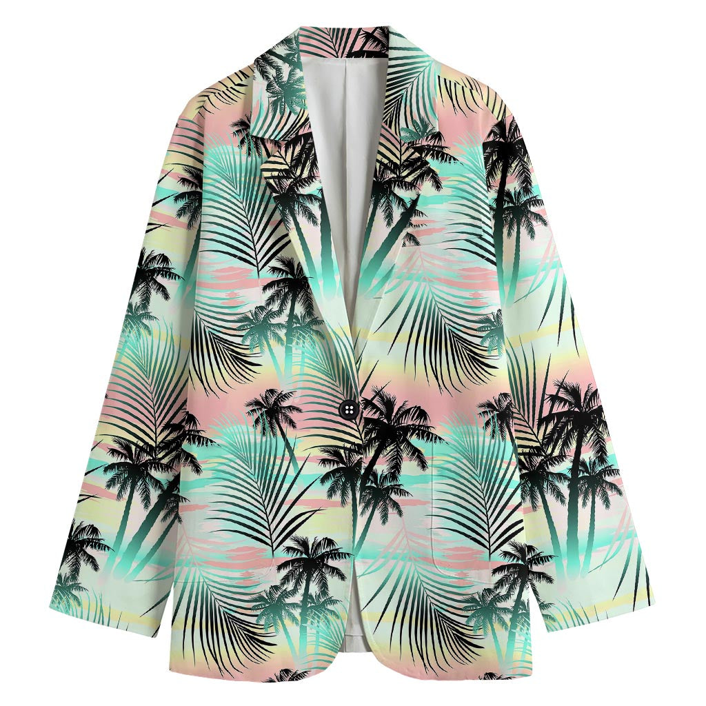 Pastel Palm Tree Pattern Print Women's Cotton Blazer
