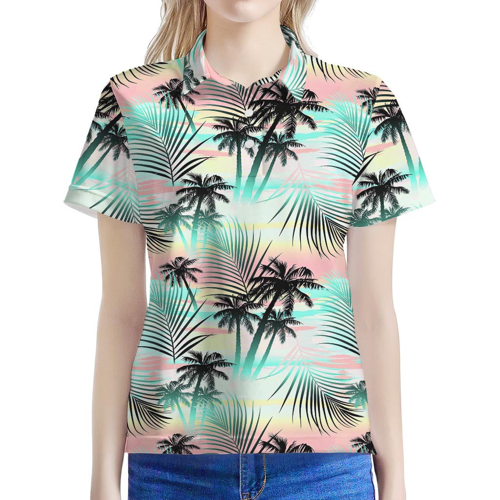 Pastel Palm Tree Pattern Print Women's Polo Shirt