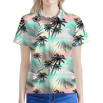 Pastel Palm Tree Pattern Print Women's Polo Shirt