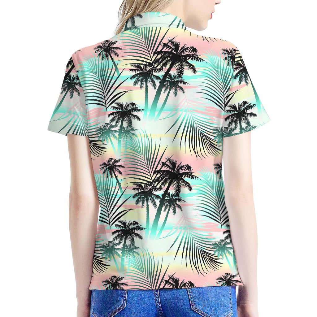 Pastel Palm Tree Pattern Print Women's Polo Shirt